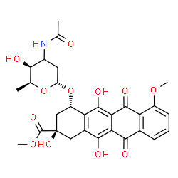 ChemSpider 2D Image | Methyl (2R,4S)-4-{[(3xi)-3-acetamido-2,3,6-trideoxy-alpha-L-threo-hexopyranosyl]oxy}-2,5,12-trihydroxy-7-methoxy-6,11-dioxo-1,2,3,4,6,11-hexahydro-2-tetracenecarboxylate | C29H31NO12