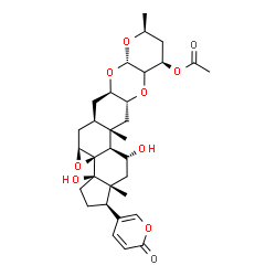ChemSpider 2D Image | (1R,3aR,3bR,4aS,5aR,6aR,7aS,9S,11R,12aR,13aS,13bS,14R,15aR)-3a,14-Dihydroxy-9,13a,15a-trimethyl-1-(2-oxo-2H-pyran-5-yl)icosahydro-7aH-cyclopenta[7,8]oxireno[8a,9]phenanthro[2,3-b]pyrano[3,2-e][1,4]dio
xin-11-yl acetate | C32H42O10