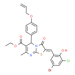 ChemSpider 2D Image | Ethyl (2Z)-5-[4-(allyloxy)phenyl]-2-(5-bromo-3-chloro-2-hydroxybenzylidene)-7-methyl-3-oxo-2,3-dihydro-5H-[1,3]thiazolo[3,2-a]pyrimidine-6-carboxylate | C26H22BrClN2O5S