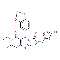 ChemSpider 2D Image | Ethyl (2E)-5-(1,3-benzodioxol-5-yl)-2-[(5-bromo-2-thienyl)methylene]-3-oxo-7-propyl-2,3-dihydro-5H-[1,3]thiazolo[3,2-a]pyrimidine-6-carboxylate | C24H21BrN2O5S2