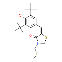 ChemSpider 2D Image | (5E)-5-[4-Hydroxy-3,5-bis(2-methyl-2-propanyl)benzylidene]-3-[(methylsulfanyl)methyl]-1,3-thiazolidin-4-one | C20H29NO2S2