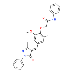 ChemSpider 2D Image | 2-{2-Iodo-6-methoxy-4-[(E)-(3-methyl-5-oxo-1-phenyl-1,5-dihydro-4H-pyrazol-4-ylidene)methyl]phenoxy}-N-phenylacetamide | C26H22IN3O4