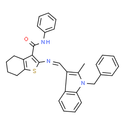 ChemSpider 2D Image | 2-{(Z)-[(1-Benzyl-2-methyl-1H-indol-3-yl)methylene]amino}-N-phenyl-4,5,6,7-tetrahydro-1-benzothiophene-3-carboxamide | C32H29N3OS