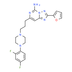 ChemSpider 2D Image | 7-{3-[4-(2,4-Difluorophenyl)-1-piperazinyl]propyl}-2-(2-furyl)[1,2,4]triazolo[1,5-c]pyrimidin-5-amine | C22H23F2N7O