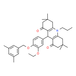 ChemSpider 2D Image | 9-{4-[(3,5-Dimethylbenzyl)oxy]-3-ethoxyphenyl}-3,3,6,6-tetramethyl-10-propyl-3,4,6,7,9,10-hexahydro-1,8(2H,5H)-acridinedione | C37H47NO4
