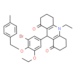 ChemSpider 2D Image | 9-{3-Bromo-5-ethoxy-4-[(4-methylbenzyl)oxy]phenyl}-10-ethyl-3,4,6,7,9,10-hexahydro-1,8(2H,5H)-acridinedione | C31H34BrNO4