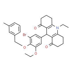 ChemSpider 2D Image | 9-{3-Bromo-5-ethoxy-4-[(3-methylbenzyl)oxy]phenyl}-10-ethyl-3,4,6,7,9,10-hexahydro-1,8(2H,5H)-acridinedione | C31H34BrNO4