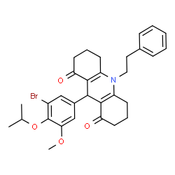 ChemSpider 2D Image | 9-(3-Bromo-4-isopropoxy-5-methoxyphenyl)-10-(2-phenylethyl)-3,4,6,7,9,10-hexahydro-1,8(2H,5H)-acridinedione | C31H34BrNO4
