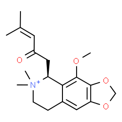 ChemSpider 2D Image | (5S)-4-Methoxy-6,6-dimethyl-5-(4-methyl-2-oxo-3-penten-1-yl)-5,6,7,8-tetrahydro[1,3]dioxolo[4,5-g]isoquinolin-6-ium | C19H26NO4