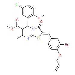 ChemSpider 2D Image | Methyl (2Z)-2-[4-(allyloxy)-3-bromobenzylidene]-5-(5-chloro-2-methoxyphenyl)-7-methyl-3-oxo-2,3-dihydro-5H-[1,3]thiazolo[3,2-a]pyrimidine-6-carboxylate | C26H22BrClN2O5S