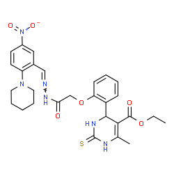 ChemSpider 2D Image | Ethyl 6-methyl-4-[2-(2-{2-[5-nitro-2-(1-piperidinyl)benzylidene]hydrazino}-2-oxoethoxy)phenyl]-2-thioxo-1,2,3,4-tetrahydro-5-pyrimidinecarboxylate | C28H32N6O6S