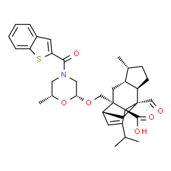 ChemSpider 2D Image | (1S,2S,4R,5R,8R,9S,11R)-2-({[(2R,6R)-4-(1-Benzothiophen-2-ylcarbonyl)-6-methyl-2-morpholinyl]oxy}methyl)-9-formyl-13-isopropyl-5-methyltetracyclo[7.4.0.0~2,11~.0~4,8~]tridec-12-ene-1-carboxylic acid | C34H41NO6S