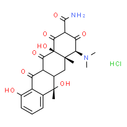 ChemSpider 2D Image | (4S,4aS,6S,12aS)-4-(Dimethylamino)-6,10,12a-trihydroxy-4a,6-dimethyl-1,3,11,12-tetraoxo-1,2,3,4,4a,5,5a,6,11,11a,12,12a-dodecahydro-2-tetracenecarboxamide hydrochloride (1:1) | C23H27ClN2O8