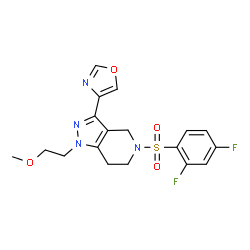ChemSpider 2D Image | 5-[(2,4-Difluorophenyl)sulfonyl]-1-(2-methoxyethyl)-3-(1,3-oxazol-4-yl)-4,5,6,7-tetrahydro-1H-pyrazolo[4,3-c]pyridine | C18H18F2N4O4S
