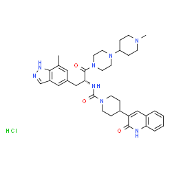 ChemSpider 2D Image | N-[(2R)-3-(7-methyl-2H-indazol-5-yl)-1-[4-(1-methylpiperidin-4-yl)piperazin-1-yl]-1-oxopropan-2-yl]-4-(2-oxo-1H-quinolin-3-yl)piperidine-1-carboxamide hydrochloride | C36H47ClN8O3