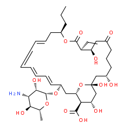 ChemSpider 2D Image | (1R,3S,9R,10S,13R,15E,19E,21E,23R,25S,26R,27S)-23-[(3-Amino-3,6-dideoxy-beta-D-mannopyranosyl)oxy]-10-ethyl-1,3,9,27-tetrahydroxy-7,11-dioxo-13-propyl-12,29-dioxabicyclo[23.3.1]nonacosa-15,17,19,21-te
traene-26-carboxylic acid | C39H61NO14