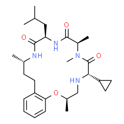 ChemSpider 2D Image | (2R,5S,8R,11R,14S)-5-Cyclopropyl-11-isobutyl-2,7,8,14-tetramethyl-4,5,7,8,10,11,13,14,15,16-decahydro-2H-1,4,7,10,13-benzoxatetraazacyclooctadecine-6,9,12(3H)-trione | C28H44N4O4