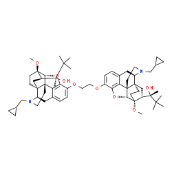 ChemSpider 2D Image | (2S)-2-{(5alpha,7alpha)-17-(Cyclopropylmethyl)-3-[2-({(5alpha,7beta)-17-(cyclopropylmethyl)-7-[(2S)-2-hydroxy-3,3-dimethyl-2-butanyl]-6-methoxy-18,19-dihydro-4,5-epoxy-6,14-ethenomorphinan-3-yl}oxy)et
hoxy]-6-methoxy-18,19-dihydro-4,5-epoxy-6,14-ethenomorphinan-7-yl}-3,3-dimethyl-2-butanol | C60H84N2O8