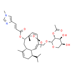 ChemSpider 2D Image | (1S,2S,4R,8R,9S,10Z,12R)-11-{[(2-O-Acetyl-beta-L-arabinopyranosyl)oxy]methyl}-8-isopropyl-12-methoxy-1,5-dimethyl-15-oxatricyclo[10.2.1.0~4,9~]pentadeca-5,10,13-trien-2-yl (2E)-3-(1-methyl-1H-imidazol
-4-yl)acrylate | C35H48N2O10