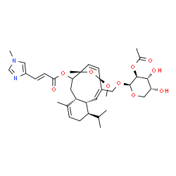 ChemSpider 2D Image | (1S,4R,8R,9S,10Z,12R)-11-{[(2-O-Acetyl-beta-D-arabinopyranosyl)oxy]methyl}-8-isopropyl-12-methoxy-1,5-dimethyl-15-oxatricyclo[10.2.1.0~4,9~]pentadeca-5,10,13-trien-2-yl (2E)-3-(1-methyl-1H-imidazol-4-
yl)acrylate | C35H48N2O10