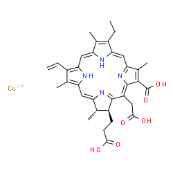 ChemSpider 2D Image | 21H,22H-Porphine-13-propanoic acid, 17-carboxy-15-(carboxymethyl)-7-ethenyl-2-ethyl-12,13-dihydro-3,8,12,18-tetramethyl-, copper(2+) salt, (12S,13S)- (1:1) | C34H36CuN4O6