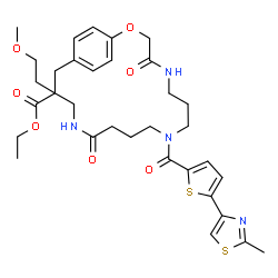 ChemSpider 2D Image | Ethyl 16-(2-methoxyethyl)-9-{[5-(2-methyl-1,3-thiazol-4-yl)-2-thienyl]carbonyl}-4,13-dioxo-2-oxa-5,9,14-triazabicyclo[16.2.2]docosa-1(20),18,21-triene-16-carboxylate | C33H42N4O7S2