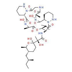 ChemSpider 2D Image | (2R)-N-[(4aR,7S,16aS,19R,22S,23S)-6,18-Dihydroxy-22-isopropyl-7,19-dimethyl-5,8,11,17,20,24-hexaoxodocosahydro-13H,22H-dipyridazino[6,1-f:6',1'-o][1,4,7,10,13,16]oxapentaazacyclononadecin-23-yl]-2-hyd
roxy-2-{(2R,5R,6R)-2-hydroxy-6-methyl-5-[(2S)-2-methylbutyl]tetrahydro-2H-pyran-2-yl}propanamide | C38H64N8O13