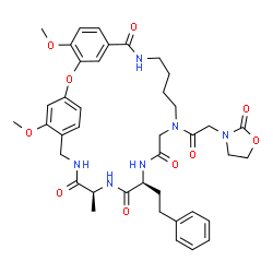 ChemSpider 2D Image | (18S,21S)-4,26-Dimethoxy-21-methyl-14-[(2-oxo-1,3-oxazolidin-3-yl)acetyl]-18-(2-phenylethyl)-2-oxa-9,14,17,20,23-pentaazatricyclo[23.2.2.1~3,7~]triaconta-1(27),3(30),4,6,25,28-hexaene-8,16,19,22-tetro
ne | C40H48N6O10
