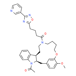ChemSpider 2D Image | 1-[(3R,11R)-4-Acetyl-21-methoxy-19-oxa-4,14-diazatetracyclo[18.3.1.0~3,11~.0~5,10~]tetracosa-1(24),5,7,9,20,22-hexaen-14-yl]-4-[3-(3-pyridinyl)-1,2,4-oxadiazol-5-yl]-1-butanone | C35H39N5O5
