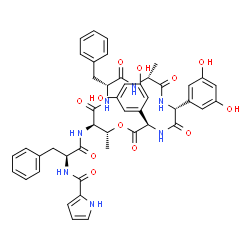 ChemSpider 2D Image | N-[(3R,6R,9R,12R,15R,16R)-12-Benzyl-3,6-bis(3,5-dihydroxyphenyl)-9,16-dimethyl-2,5,8,11,14-pentaoxo-1-oxa-4,7,10,13-tetraazacyclohexadecan-15-yl]-Nalpha-(1H-pyrrol-2-ylcarbonyl)-L-phenylalaninamide | C46H47N7O12