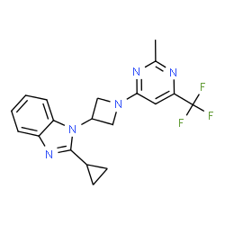 ChemSpider 2D Image | 2-Cyclopropyl-1-{1-[2-methyl-6-(trifluoromethyl)-4-pyrimidinyl]-3-azetidinyl}-1H-benzimidazole | C19H18F3N5