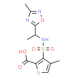 ChemSpider 2D Image | 4-Methyl-3-{[1-(3-methyl-1,2,4-oxadiazol-5-yl)ethyl]sulfamoyl}-2-thiophenecarboxylic acid | C11H13N3O5S2