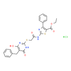 ChemSpider 2D Image | Ethyl 2-({[(5-benzyl-4-hydroxy-6-oxo-1,6-dihydro-2-pyrimidinyl)sulfanyl]acetyl}amino)-4-phenyl-1,3-thiazole-5-carboxylate hydrochloride (1:1) | C25H23ClN4O5S2