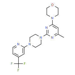 ChemSpider 2D Image | 4-(6-Methyl-2-{4-[4-(trifluoromethyl)-2-pyridinyl]-1-piperazinyl}-4-pyrimidinyl)morpholine | C19H23F3N6O