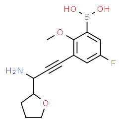 ChemSpider 2D Image | {3-[3-Amino-3-(tetrahydro-2-furanyl)-1-propyn-1-yl]-5-fluoro-2-methoxyphenyl}boronic acid | C14H17BFNO4