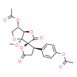 ChemSpider 2D Image | 4-[(2S,3R,3a'S,6'S,6a'R)-6'-Acetoxy-3a'-methoxy-2',5-dioxohexahydro-3H-spiro[furan-2,3'-furo[3,2-b]furan]-3-yl]phenyl acetate | C20H20O10