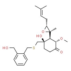 ChemSpider 2D Image | (2S,3S,4R)-4-Hydroxy-4-({[2-(hydroxymethyl)benzyl]sulfanyl}methyl)-2-methoxy-3-[(2R,3R)-2-methyl-3-(3-methyl-2-buten-1-yl)-2-oxiranyl]cyclohexanone | C24H34O5S