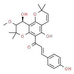 ChemSpider 2D Image | (2E)-1-[(10S)-5,10-Dihydroxy-9-methoxy-2,2,8,8-tetramethyl-9,10-dihydro-2H,8H-pyrano[2,3-f]chromen-6-yl]-3-(4-hydroxyphenyl)-2-propen-1-one | C26H28O7