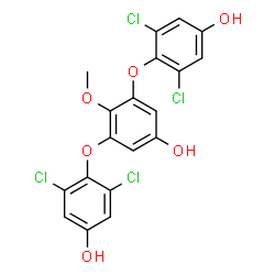 ChemSpider 2D Image | 4,4'-[(5-Hydroxy-2-methoxy-1,3-phenylene)bis(oxy)]bis(3,5-dichlorophenol) | C19H12Cl4O6