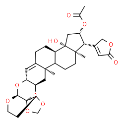ChemSpider 2D Image | (1R,2S,3aS,3bR,6aR,7aS,10aR,13aR,14aR,15aR,17aR)-3a-Hydroxy-15a,17a-dimethyl-1-(5-oxo-2,5-dihydro-3-furanyl)-2,3,3a,3b,4,5,6a,10,10a,14a,15,15a,15b,16,17,17a-hexadecahydro-1H,9H-cyclopenta[7,8]phenant
hro[2,3-b][1,3]dioxolo[3,4]pyrano[3,2-e][1,4]dioxin-2-yl acetate | C31H40O10