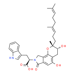 ChemSpider 2D Image | (2R)-2-[(2R,3R)-2-[(3E)-4,8-Dimethyl-3,7-nonadien-1-yl]-3,5-dihydroxy-2-methyl-7-oxo-3,4,7,9-tetrahydropyrano[2,3-e]isoindol-8(2H)-yl]-3-(1H-indol-3-yl)propanoic acid | C34H40N2O6