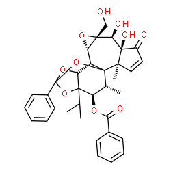 ChemSpider 2D Image | (2R,6S,7S,8R,10S,11S,17R,18R)-6,7-Dihydroxy-8-(hydroxymethyl)-16-isopropyl-2,18-dimethyl-5-oxo-14-phenyl-9,13,15,19-tetraoxahexacyclo[12.4.1.0~1,11~.0~2,6~.0~8,10~.0~12,16~]nonadec-3-en-17-yl benzoate | C34H36O10