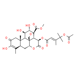 ChemSpider 2D Image | Methyl (9xi,11beta,12alpha,13beta,15beta)-15-{[(2E)-4-acetoxy-3,4-dimethyl-2-pentenoyl]oxy}-3,11,12-trihydroxy-2,16-dioxo-13,20-epoxypicras-3-en-21-oate | C30H38O13