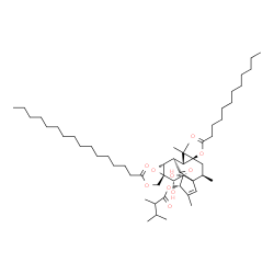 ChemSpider 2D Image | [(4S,5S,6S,7S,9R,10R,11R,13S,15R)-4-[(2,3-Dimethylbutanoyl)oxy]-13-(dodecanoyloxy)-5,6-dihydroxy-3,12,12,15-tetramethyl-16-oxo-8-oxapentacyclo[8.5.1.0~1,5~.0~7,9~.0~11,13~]hexadec-2-en-7-yl]methyl pal
mitate | C54H90O10