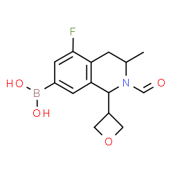 ChemSpider 2D Image | [5-Fluoro-2-formyl-3-methyl-1-(3-oxetanyl)-1,2,3,4-tetrahydro-7-isoquinolinyl]boronic acid | C14H17BFNO4