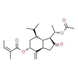 ChemSpider 2D Image | (1S,3aR,5R,7S,7aS)-1-[(1S)-1-Acetoxyethyl]-7-isopropyl-4-methylene-2-oxooctahydro-1H-inden-5-yl (2Z)-2-methyl-2-butenoate | C22H32O5