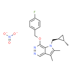 ChemSpider 2D Image | 7-[(4-fluorophenyl)methoxy]-2,3-dimethyl-1-[[(1S,2S)-2-methylcyclopropyl]methyl]pyrrolo[2,3-d]pyridazine nitrate | C20H22FN4O4