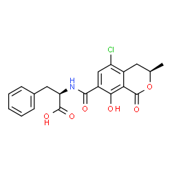 ChemSpider 2D Image | N-{[(3R)-5-Chloro-8-hydroxy-3-methyl-1-oxo-3,4-dihydro-1H-isochromen-7-yl]carbonyl}-D-phenylalanine | C20H18ClNO6