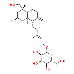 ChemSpider 2D Image | (2E)-5-[(1S,4aR,5S,7R,8aR)-7-Hydroxy-5-(hydroxymethyl)-5,8a-dimethyl-2-methylenedecahydro-1-naphthalenyl]-3-methyl-2-penten-1-yl beta-D-glucopyranoside | C26H44O8