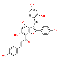 ChemSpider 2D Image | (2E)-1-[3-(2,4-Dihydroxybenzoyl)-4,6-dihydroxy-2-(4-hydroxyphenyl)-1-benzofuran-7-yl]-3-(4-hydroxyphenyl)-2-propen-1-one | C30H20O9
